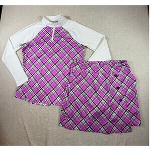 Belyn Key Women M Pink White Plaid Golf Skort Long Sleeve Top Athletic Set